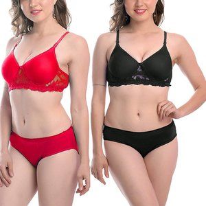 Combo of Black and Deep Pink Padded bra and panty set